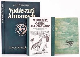 3 db vadászati témájú könyv: Széchenyi Zsigmond: Ünnepnapok. Egy magyar vadász hitvallása. (Második rész). Bp., 1963, Szépirodalmi Könyvkiadó. Első kiadás. Kiadói félvászon-kötés. + Medvék, őzek, farkasok. Vál. és szerk.: Véber Károly. Bp., 1984, Mezőgazdasági Kiadó. Kiadói kartonált papírkötés. + Dénes István: Millenniumi Vadászati Almanach - Magyarország 2001. Szerk: Fáczányi Ödön. Bp., 2001, Dénes Natur Műhely. Kiadói aranyozott műbőr-kötés.