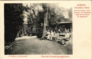 Korond, Corund; Üdvözlet Korond-gyógyfürdőről. Klimatikus gyógyhely. Fő sétány a borvíz kúttal / spa, promenade, spring source, well