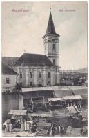Magyarigen, Ighiu; Református templom, piac. Schäser Ferenc kiadása / Calvinist church, market (EK)