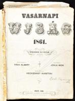 1861 A Vasárnapi Újság 1861-es, hiányos évfolyama. Gazdag fametszetű képanyaggal illusztrált. Rossz állapotban, hiányos gerincű félvászon-kötésben, szétvált könyvtesttel, számos kijáró lappal, néhány kijáró lap szélén szakadásokkal, kissé foltos lapokkal, firkált címlappal, hiányos. Személyes megtekintés javasolt.