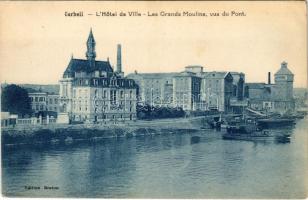 1930 Corbeil, L'Hotel de Ville, Les Grands Moulins, vus du Pont / mills, port, ships, town hall