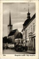 1941 Dés, Dej; Református templom, Hungária szálloda, automobil / Calvinist church, hotel, automobile (EK)