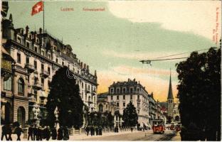 Lucerne, Luzern; Schweizerhof / street view, trams. E. Goetz No. 1831.