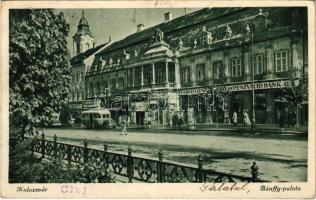 Kolozsvár, Cluj; Bánffy palota, autóbusz, Erdélyi leszámoló és Pénzváltó bank rt., illatszertár, Capitol üzlete / palace, street, bus, bank, perfumery (EK)