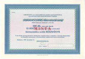 Budapest 1989. "Dunaholding Részvénytársaság" 100db bemutatóra szóló részvénye 10.000Ft névértékben, "MINTA" felülbélyegzéssel, szárazpecséttel, szelvényekkel T:UNC,AU