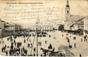 1905 Máramarossziget, Sighetu Marmatiei; Fő tér, piac, üzletek. Berger Miksa kiadása / main square, market, shops (EK)