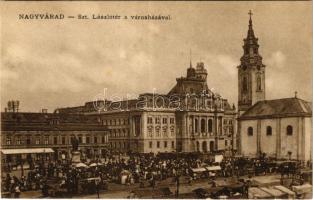 Nagyvárad, Oradea; Szent László tér, Városháza, Takarékpénztár, piac, Weisz Mór üzlete. Helyfi László kiadása / square, town hall, savings bank, market, shops (EB)