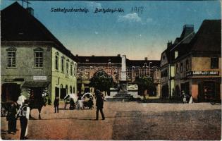 Székelyudvarhely, Odorheiu Secuiesc; Battyányi tér, emlékmű, piac, liszt és termény üzlet / square, monument, shops, market