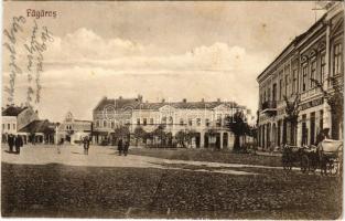 1928 Fogaras, Fagaras; Piata Unirii cu Hotel Mercur si Hotel Haner / tér a szállodákkal, Richard Krauss, Heinrich Schul és Danil Haupt üzlete / square, hotels, shops (EK)