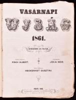 1861 A Vasárnapi Újság 1861-es, hiányos évfolyama. Gazdag fametszetű képanyaggal illusztrált. Rossz állapotban, sérült félvászon-kötésben, sérült, kijáró lapokkal, hiányos. Személyes megtekintés javasolt.
