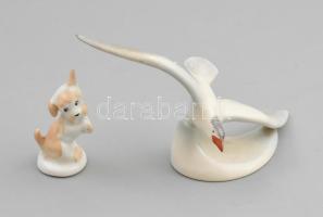 2 db porcelán figura: Aquincum kutya + Drasche sirály Kézzel festett, jelzett, hibátlan 6, 16 cm