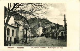 Barcarozsnyó, Rozsnyó, Rosenau, Rasnov; Templom utca és vár / Kirchengasse und Burg. Karte Nr. 127. Gust / church, street, castle