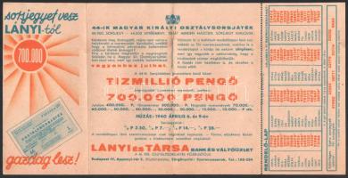 cca 1930-1940 Lányi és Társa osztálysorsjáték, illusztrált, kihajtható reklám- és megrendelőlap, kih...