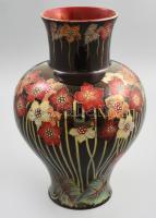 Zsolnay eozin mázas váza, színes virág díszítéssel. Felületén többrétegű fémes fényű színes eozinmázakkal festett, sötét alap felett fémlüszteres virágmintákkal. Kézzel festett, jelzett, hibátlan 30 cm
