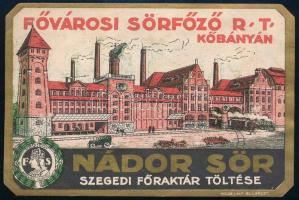 1921 Fővárosi Sörfőző Rt. Kőbányán, Nádor sör, dekoratív címke a sörgyár képével, Bp., Weiss L. és F.-ny., hátoldalán kézzel írt nyugta, 11x7,5 cm