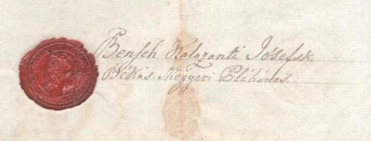 1809 Békásmegyer, keresztlevél, a plébános Bensek Kalazanti József aláírásával, töredezett viaszpecs...