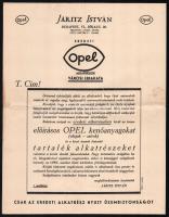 cca 1920-1930 Járitz István Opel alkatrészek városi lerakata (Bp. VI., Jókai u. 20.) reklámlap, hajtott, minimálisan foltos