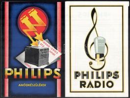 cca 1930 Philips rádió (anódkészülékek, "Miniwatt" csövek), 2 db kihajtható, illusztrált reklámprospektus / árjegyzék