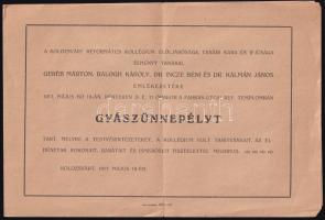 1917 Kolozsvár, meghívó a Kolozsvári Református Kollégium elhunyt tanárai emlékére rendezett gyászünnepélyre, levélként feladva. Hajtott, kissé sérült, (3) p.
