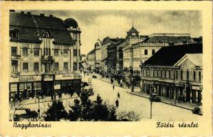 Nagykanizsa, Fő tér, Singer, Papp és Grünfeld üzlete, autók, busz (EK)