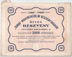 Budapest 1923. Taurus Huskereskedelmi Részvénytársaság 50 részvénye összesen 50.000K-ról, szelvényekkel és szárazpecséttel (2x) T:VF,F szakdás, fo.