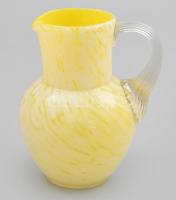 Antik sárga-fehér hutaüveg kancsó, jelzés nélkül, kis kopással, m: 13 cm