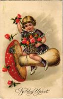 Boldog újévet! Kislány gombán / New Year greeting, girl on mushroom. litho (EK)