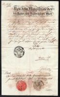 1838 Bécs, német nyelvű elbocsátó levél, foltos, hajtott, pecsétekkel.