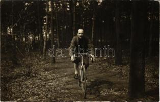 1928 Budapest, kerékpározó férfi, bicikli / man riding a bicycle. photo (vágott / cut)