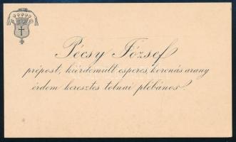 cca 1880-1890 Pécsy (Péchy) József (1812-1898) prépost, plébános névjegykártyája, hátoldalán autográf(?) felirattal