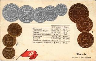 Tunis / Set of Tunisian coins, currency exchange chart, flag. M. H. Berlin-Schbg. Emb. litho (lyukak / pinholes)