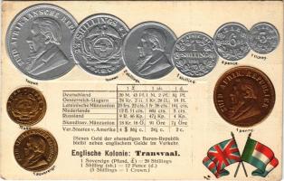 Englische Kolonie: Transvaal / set of coins, currency exchange chart, flag. Emb. litho (lyukak / pinholes)