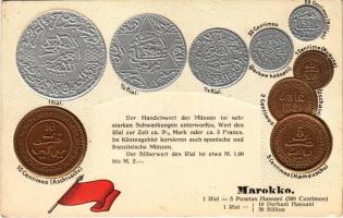 Marokko / Moroccan set of coins and flag. Emb. litho (lyukak / pinholes)