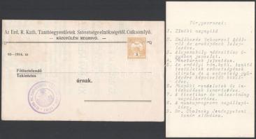 1914 Csíksomlyó, Meghívó az Erdélyi R. Kath. Tanítóegyesületek Szövetsége XIV. évi közgyűlésére, bél...