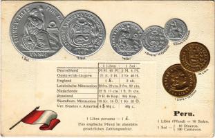 Peru / Peruvian set of coins and flag. M. H. Berlin-Schbg. Emb. litho (lyuk / pinhole)