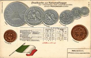 Mexico. Postkarte mit Nationalflagge / Mexican set of coins, currency exchange chart and flag. H.S.M. Emb. litho (lyukak / pinholes)