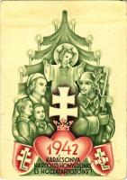 "Magyarország jövő békessége és felvirágzása - a szovjetoroszországi harmezőkön dől el!" 1942 Karácsonya Harcoló honvédeinké és hozzátartozóiké. Leventeifjúság honvédkarácsonya / WWII Hungarian military art postcard with Christmas greeting s: Légrády S. (EM)