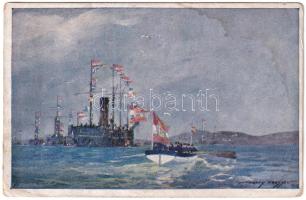 Die Seeschlacht bei Lissa. Flaggengala in Hafen von Lissa. K.u.K. Kriegsmarine. Kriegshilfsbüro Nr. F. 112. / Battle of Lissa (1866), flagship SMS Erzherzog Ferdinand Max, battleships dressed overall with international maritime signal flags as a sign of celebration, mariners in boat, naval flag s: Harry Heusser (ázott sarkak / wet corners)