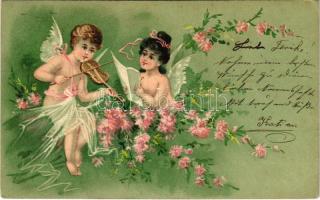 1903 Floral litho greeting card with angels (EK)