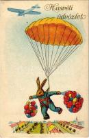 1941 Húsvéti üdvözlet / Easter greeting art postcard, rabbit with parachute and eggs (EK)