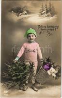 1915 Boldog karácsonyi ünnepeket / Christmas greeting card, boy with toys and Christmas tree. EAS 377/5.