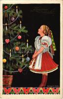 1937 Karácsonyi üdvözlet, magyar folklór művészlap / Christmas greeting art postcard, Hungarian folklore s: Szilágyi G. Ilona (EK)