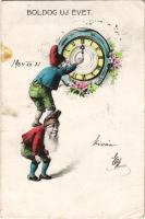 1904 Boldog Újévet / New Year greeting art postcard with dwarves and clock. Serie 36. Bromotypie (EK...