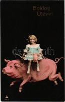 1908 Boldog Újévet / New Year greeting art postcard with pig