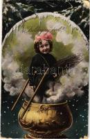 1908 Boldog Újévet / New Year greeting art postcard with chimney sweeper (fa)