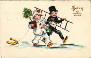 1939 Boldog Újévet / New Year greeting art postcard with chimney sweeper and clown (fa)