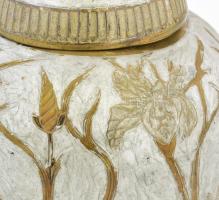 Réz fedeles urnaváza + gyertyatartó, tűzzománc mintával, kopott, egyik címkével jelzett, m: 7-18 cm