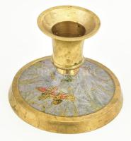 Réz fedeles urnaváza + gyertyatartó, tűzzománc mintával, kopott, egyik címkével jelzett, m: 7-18 cm