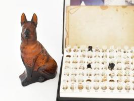 2 doboz parfüm minta, közte értékes márkák, hiányos + kutya alakú parfümös üveg, m: 14 cm