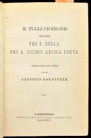 M. Tulli Ciceronis Orationes Selectae I-II. köt. I. köt.: M. Tulli Ciceronis in L. Catilinam orationes quattuor.; - - Pro Sex. Roscio Amerino Oratio; - - De Imperio Cn. Pompei.; - - in C. Verrem Accusationis Liber Quartus.; - - in C. Verrem Accusationis Liber Quintus.; - -Orationes Pro T. Annio Milone, Pro Q. Ligario, Pro Rege Deitaro.; II. kötet: M. Tulli Ciceronis Oratio Pro P. Sulla, Pro A. Licinio Archia Poeta; - - Oratio Pro P. Sestio; - - in M. Antionium Oratio Philippica Secunda.; - - Cato Maior de Senecute.; - - Laelius de Amicitia.; - - De Officinis Libri Tres. Scholarum in usum edidit Aloisius Kornitzer. Vindobonae, 1888-1890., Sumptibus et Tyois Caroli Gerold Filii, XVIII+74;4+72+1;4+54+1 p.+1 (kihajtható térkép.) t.; 4+126+1 p.+1 (kihajtható térkép.) t.; 4+120+1 p.4+116 p.; VI+90;+6+127;4+75+1;4+56;4+56;4+210 p. Latin nyelven. Korabeli aranyozott gerincű félbőr-kötésekben, a gerinceken piros címkével, festett lapélekkel, kopott borítókkal, a II. kötet foltos borítóval, sérült gerinccel és alul foltos lapélekkel.